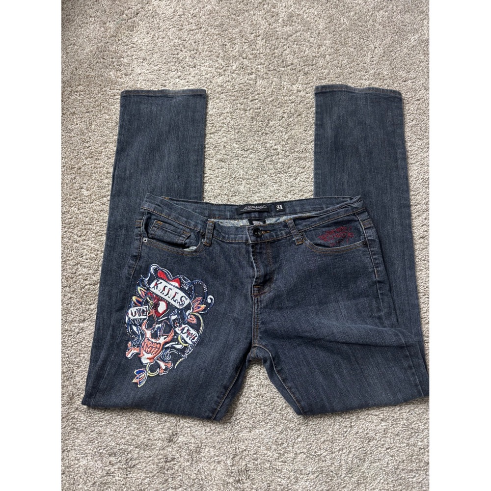 Ed Hardy Christian Audigier Love Kills Slowly Embroidered Jeans Dark Wash 31